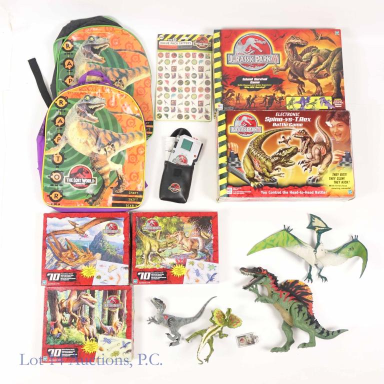 Hasbro Jurassic Park Toys & Memorabilia!: Hasbro Jurassic Park Toys & Memorabilia! Comes with (5) Hasbro Milton Bradley Jurassic Park Sets (opened) & Games, (2) backpacks & as well as a bunch of loose dinosaur toys.