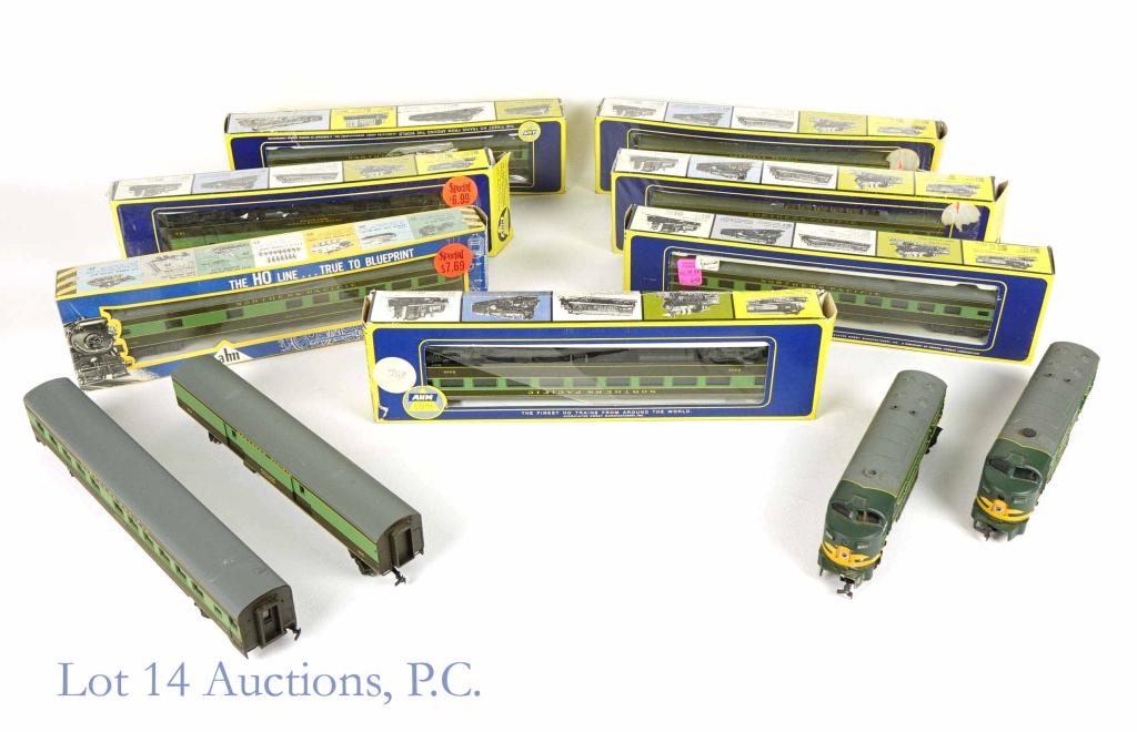 Model Train Line: Northern Pacific: (9) cars such as baggage, sleepers, and coaches. (2) engines.