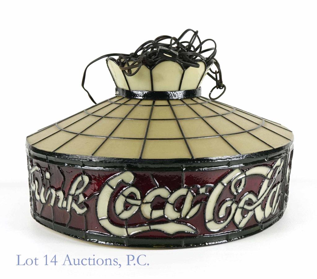 Vintage Coca-Cola Hanging Lamp: 23 inch diameter. Working material. Vibrant lights. Stained glass style, but material appears to be plastic. Some sides of the circle are slightly dented, but still maintains its shape.