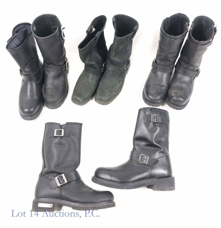 Leather Boot Collection 4Pr. Men's Size 11: Four pairs of men's size 11 black oil-tanned leather motorcycle, biker-style boots. Two from Xelement, one unlabeled, and one from Milwaukee Leather. Water repellent. All in good condition.