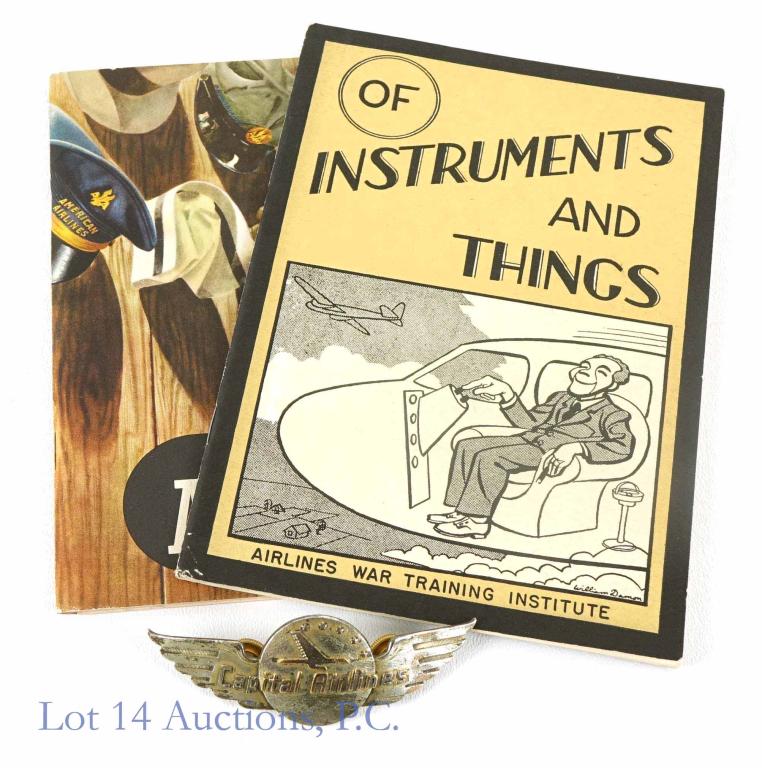 Capital Airlines Cap Badge & Booklets: Capital Airlines Cap Badge with well made screw back unmarked. Also includes 2 wartime airline booklets.