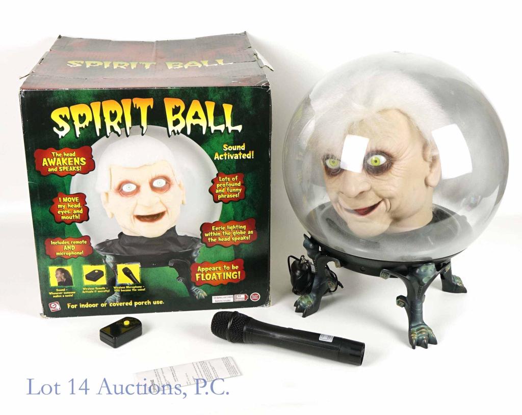 Spirit Ball Halloween Head: Character inside of a ball. When speaking into the microphone, the character's eyes glow as its mouth and head begin to move. Includes a functioning remote, microphone, attachable stand, and an instru