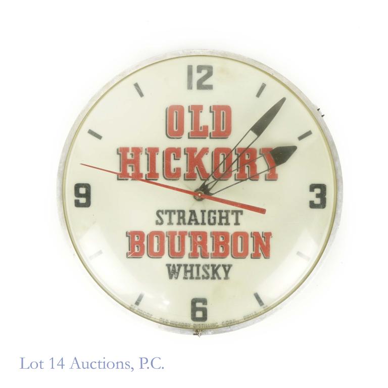 Big Time Old Hickory Bourbon Wall Clock: Big Time electric wall clock made to advertise Old Hickory 86 proof straight bourbon whisky. We estimate this clock to be from the early-mid 1950s. CLOCK WORKS. Only one of the two 15-Watt light bulbs