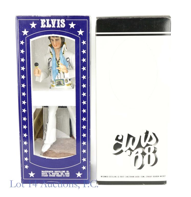 1977 McCormick Bourbon Elvis Decanters (2): *** IF YOU MAY NEED SHIPPING, PLEASE CALL US BEFORE BIDDING ON BOTTLES! 847-625-0555. *** McCormick Distilling straight bourbon whiskey. 750 ml. Full & sealed in original boxes. These are the first an