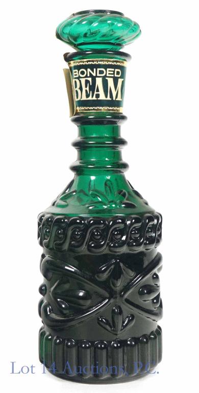 Bonded Beam 8 Year Bourbon (Green Glass Decanter): *** IF YOU MAY NEED SHIPPING, PLEASE CALL US BEFORE BIDDING ON BOTTLES! 847-625-0555. *** Beam Kentucky straight bourbon whiskey. 8 years (1960-1968). Bottled in Bond (100 proof). 4/5 quart. Shoulder