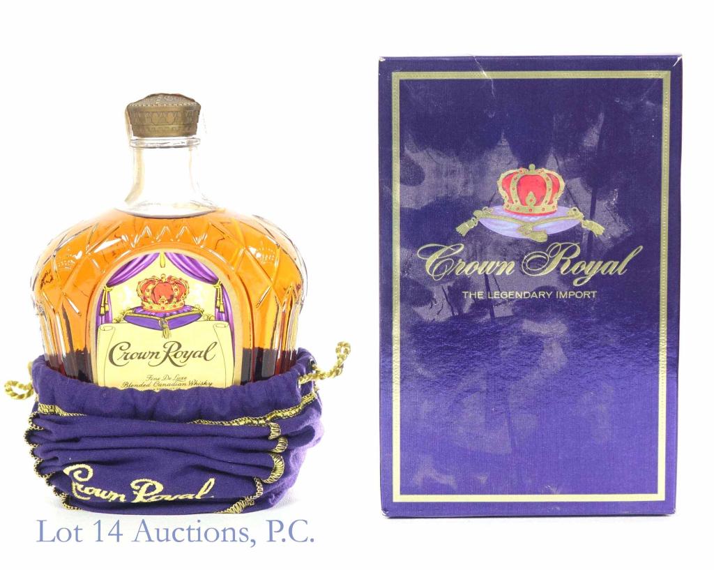 1981 Crown Royal Whisky (Can. Excise Tax Strip): *** IF YOU MAY NEED SHIPPING, PLEASE CALL US BEFORE BIDDING ON BOTTLES! 847-625-0555. *** 1981 Crown Royal blended whisky. 80 proof. 750 ml. Full & sealed. Comes with purple drawstring bag and origina