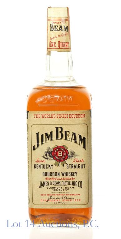 Jim Beam Bourbon (1960s / 70s): *** IF YOU MAY NEED SHIPPING, PLEASE CALL US BEFORE BIDDING ON BOTTLES! 847-625-0555. *** Jim Beam Kentucky straight bourbon whiskey. 4 years. 86 proof. 1 quart. Full & sealed. Series 112 U.S. Interna