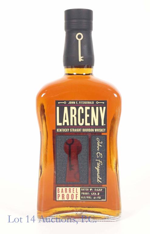Larceny Barrel Proof Bourbon: *** IF YOU MAY NEED SHIPPING, PLEASE CALL US BEFORE BIDDING ON BOTTLES! 847-625-0555. *** John E. Fitzgerald Larceny Kentucky straight bourbon whiskey. 123.8 proof. 750 ml. Full & sealed. Batch No. 85