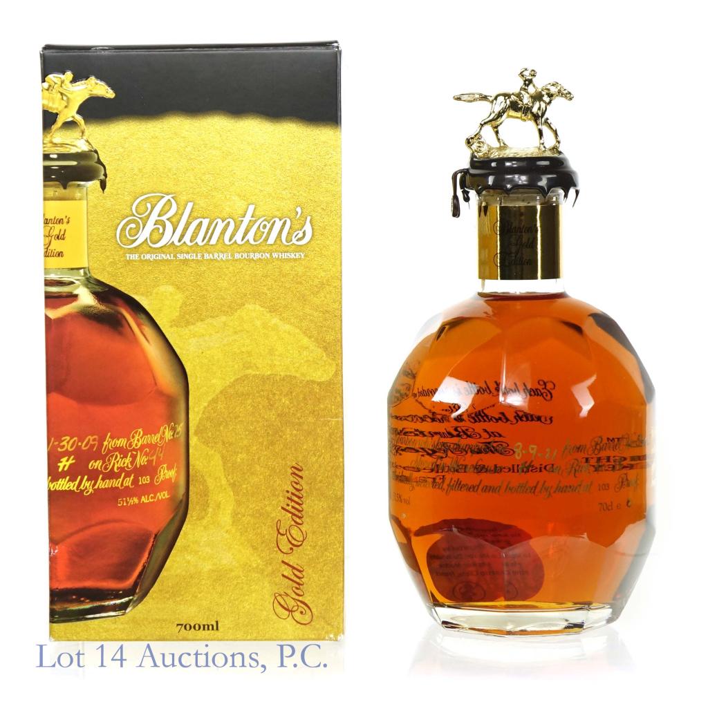 Blanton's Gold Bourbon Whiskey: *** IF YOU MAY NEED SHIPPING, PLEASE CALL US BEFORE BIDDING ON BOTTLES! 847-625-0555. *** Blanton's Single Barrel Bourbon Whiskey. Dump 8/9/21. Letter "S" 700ml. 103 proof. French import.