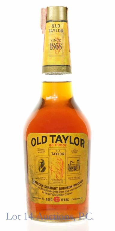 1973 (?) Old Taylor Bourbon: ** IF YOU NEED SHIPPING ON BOTTLES OR DECANTERS PLEASE CALL US BEFORE BIDDING! 847-625-0555! ** Old Taylor Kentucky straight bourbon whiskey. 6 years. 86 proof. 4/5 quart. Full & sealed. Series 112 In