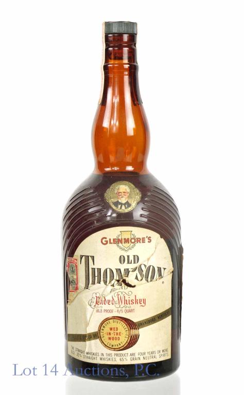 Old Thompson Vintage Blended Whiskey: *** IF YOU MAY NEED SHIPPING, PLEASE CALL US BEFORE BIDDING ON BOTTLES! 847-625-0555. *** Glenmore Distilleries, 35% Straight Whiskies, 86.8 proof, 4/5 quart
