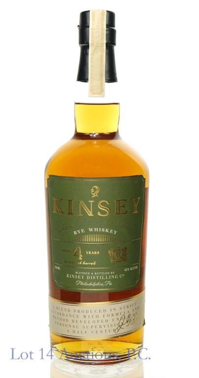 Kinsey Rye Whiskey: *** IF YOU MAY NEED SHIPPING, PLEASE CALL US BEFORE BIDDING ON BOTTLES! 847-625-0555. *** 106 proof, 750ml.