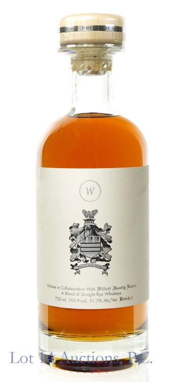 Wolves / Willett Family Estate Blended Rye Whisky: *** IF YOU MAY NEED SHIPPING, PLEASE CALL US BEFORE BIDDING ON BOTTLES! 847-625-0555. *** Wolves in Collaboration with Willett Family Estate blend of straight rye whiskeys [sic]. 103 proof. 750 ml. Fu