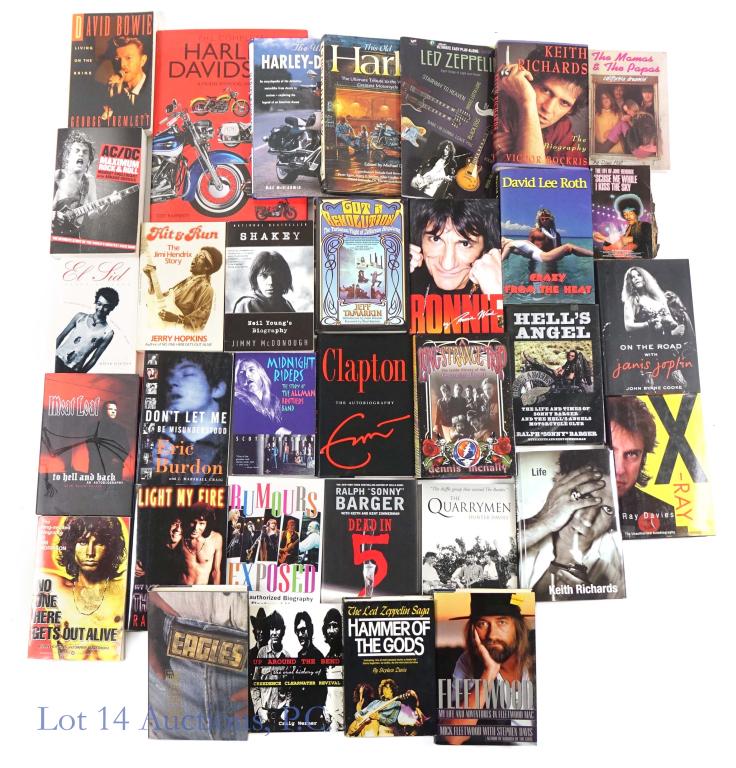 Books - Singers, Bands, Harleys (30+): Lot of 30+ different books on bands, singer / artists and Harley Davidson's. Included: Led Zeppelin, Hell's Angel, Grateful Dead, Keith Richards, David Lee Roth, Fleetwood Mac, Janis Joplin, Meat Loaf