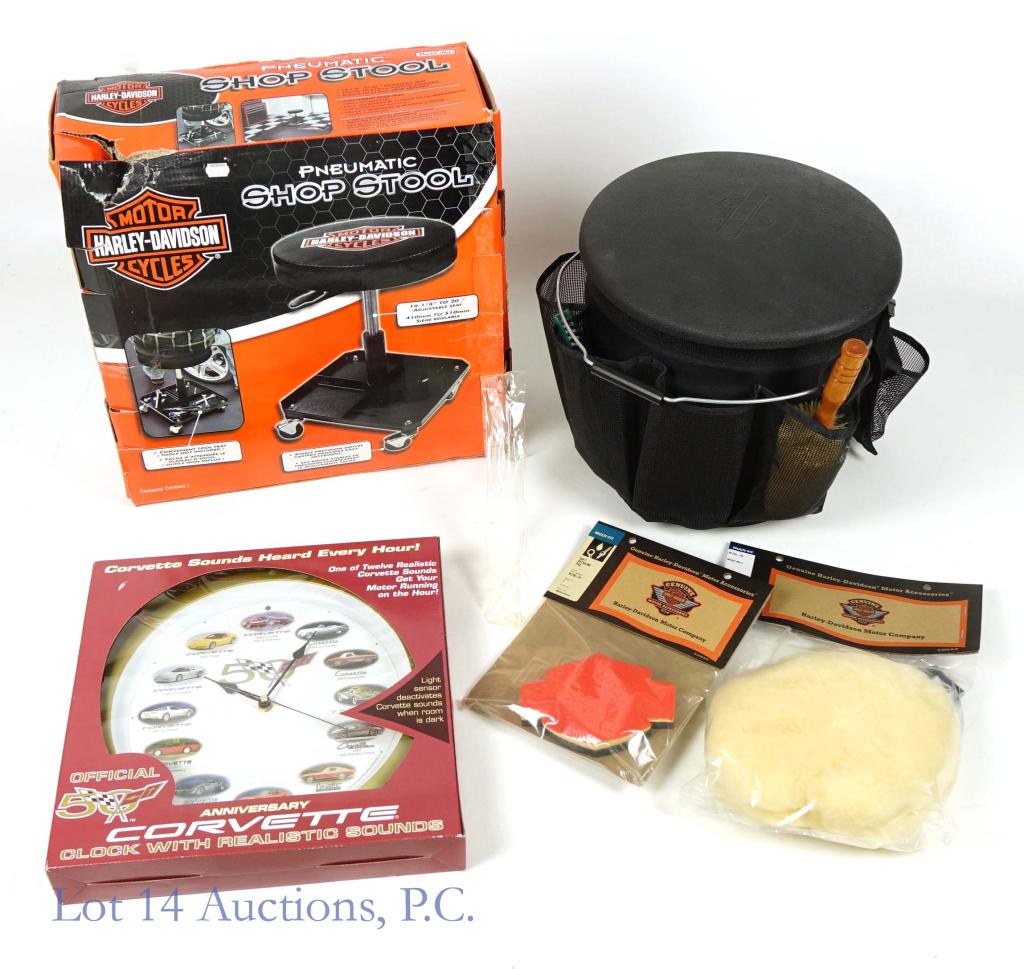 Corvette & Harley Davidson Garage Set: Harley Davidson Pneumatic Shop Stool, Harley Davidson Cleaning bucket and a Corvette wall clock. The stool and the clock are brand new in box's, and the bucket is brand new with tools and cleaning pro