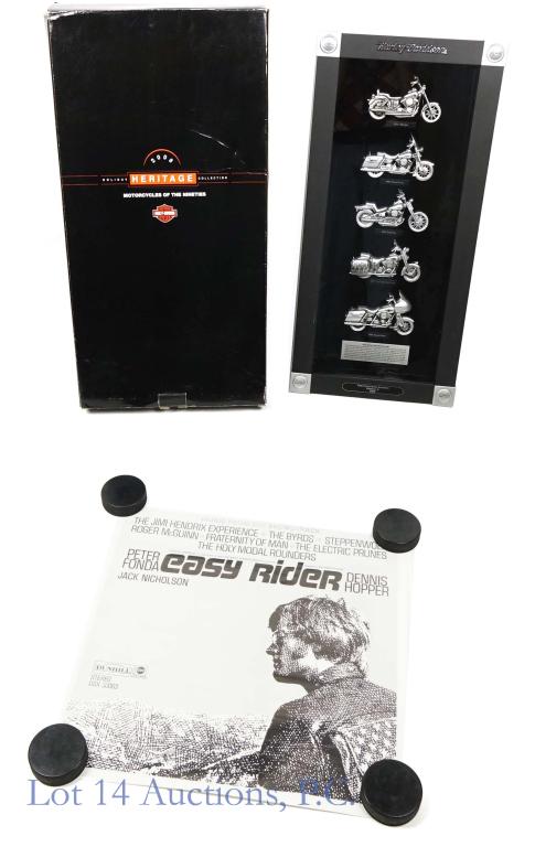 Harley Davidson 2008 Holiday Heritage DSP & Poster: Harley Davidson 2008 Holiday Heritage Collection motorcycle display and an Easy Rider original soundtrack poster. The Harley Davidson Motorcycle Holiday Heritage Collection is a framed and glass cover