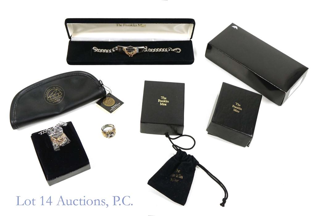 Harley Davidson & Colt Franklin Mint Jewelry: 4 accessories produced by The Franklin Mint: silver-toned Harley Davidson chain bracelet, men's Colt Firearms ring, black leather collector knife pouch, and one silver-toned Harley Davidson chain neck