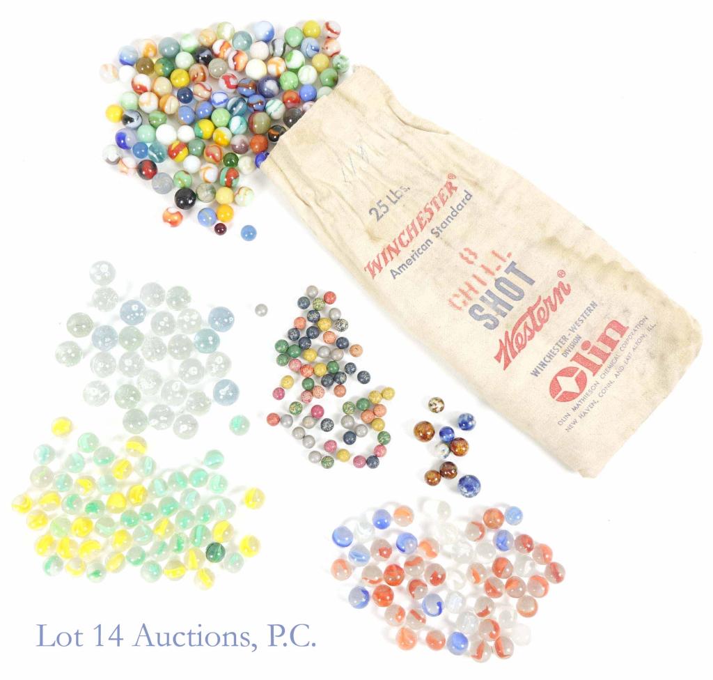 Mixed Bag of Marbles: Big lot of marbles, weighing 6 lbs. in total. Contains a variety of colors, sizes, textures, etc. Includes marbles that are clear, translucent, pastel, and more.