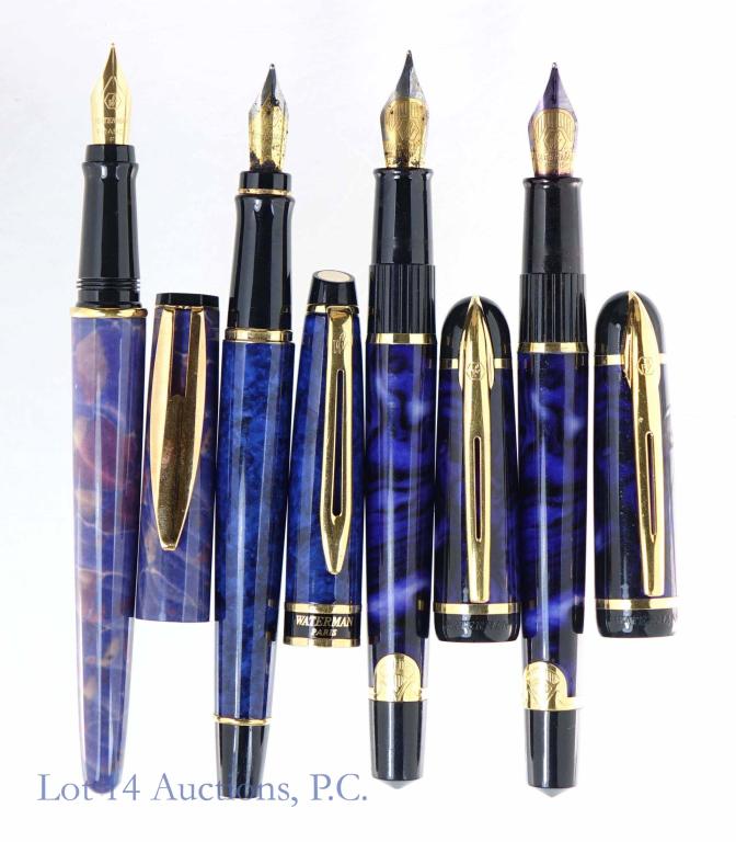 Waterman Steel Nib Fountain Pens (4): Nice collection of 4 Waterman fountain pens all with steel nibs. Perfect if blue is your favorite color.