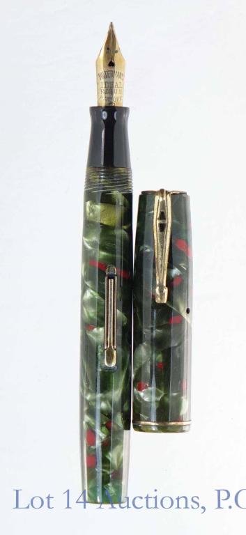 Waterman 92V Red & Green Fountain Pen: Waterman 92V fountain pen with red and green marble finish.