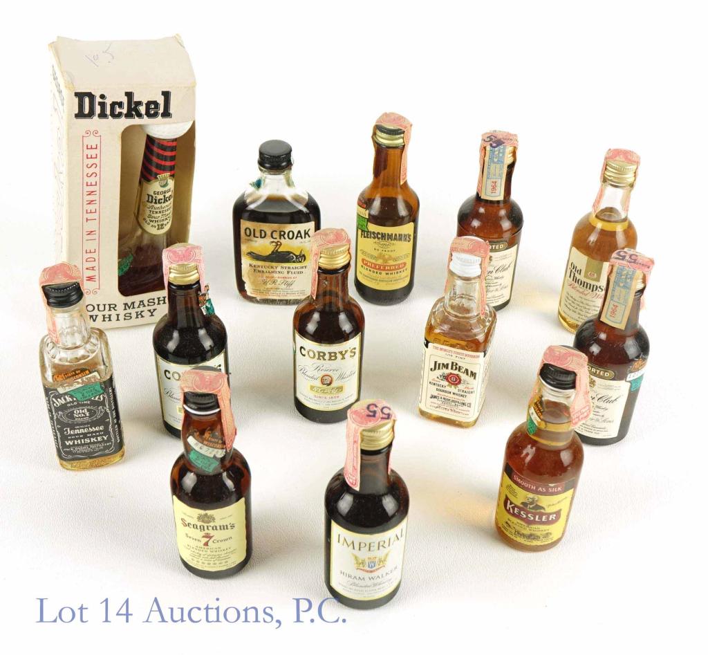 Mini-Bottles (12 Whiskey - 1 Bizarre): *** IF YOU MAY NEED SHIPPING, PLEASE CALL US BEFORE BIDDING ON BOTTLES! 847-625-0555. *** 13 Mini bottles. All sealed. (2) 1964 Canadian Club blended whisky. 6 years. 86.8 proof. 1/10 pint. Full. ****