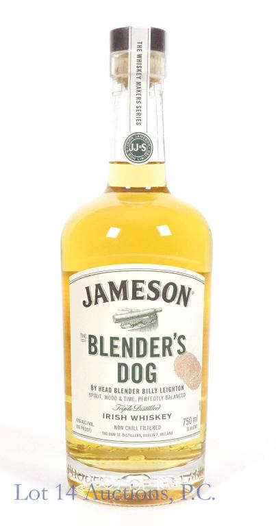 Jameson Blender's Dog Irish Whiskey: *** IF YOU MAY NEED SHIPPING, PLEASE CALL US BEFORE BIDDING ON BOTTLES! 847-625-0555. *** Jameson "The Blender's Dog" triple distilled Irish whiskey, 86 proof. 750 ml. Full & sealed. L716731249 19:44.