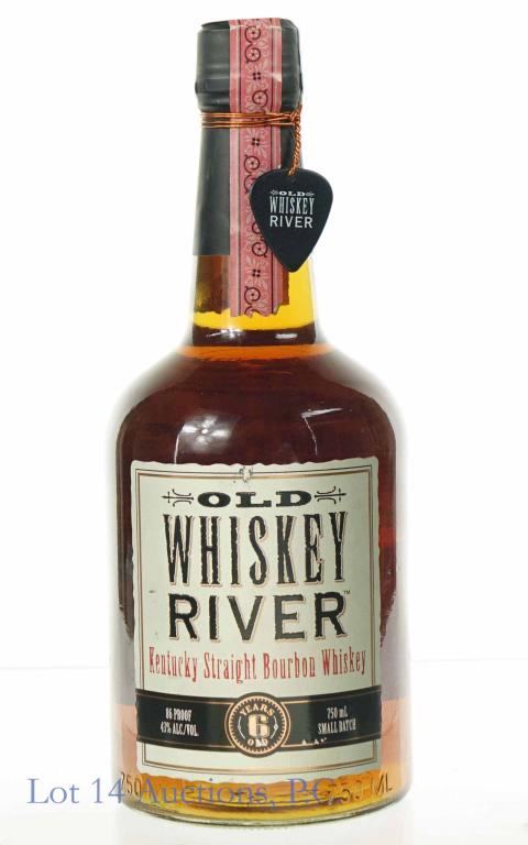 Old Whiskey River Bourbon Whiskey: *** IF YOU MAY NEED SHIPPING, PLEASE CALL US BEFORE BIDDING ON BOTTLES! 847-625-0555. *** Includes Willie Nelson guitar pick with molded signature. Small batch. 6 year. Heaven Hill. 750ml. 86 proof. F
