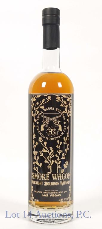 Smoke Wagon Bourbon (92.5 Proof): *** IF YOU MAY NEED SHIPPING, PLEASE CALL US BEFORE BIDDING ON BOTTLES! 847-625-0555. *** Smoke Wagon straight bourbon whiskey. 92.5 proof. 750 ml. Full & sealed. Nevada H&C Distillery.
