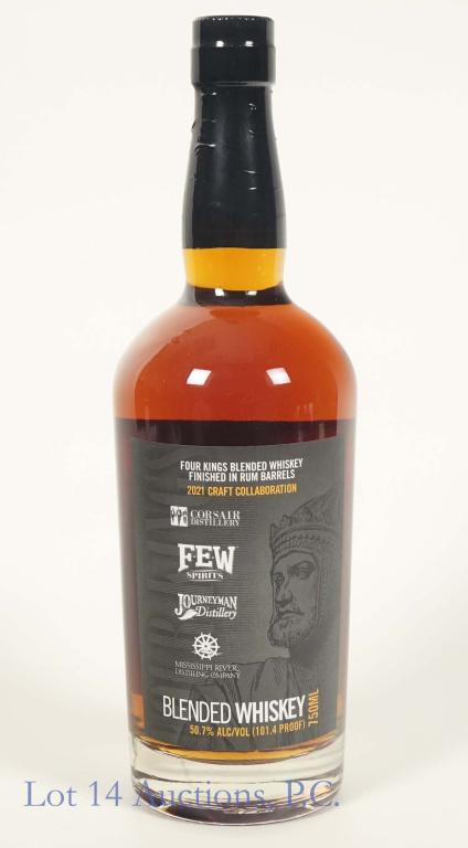 Four Kings Blended Whiskey (Rum Barrel Finish): *** IF YOU MAY NEED SHIPPING, PLEASE CALL US BEFORE BIDDING ON BOTTLES! 847-625-0555. *** Four Kings blended whiskey. 101.4 proof. 750 ml. Full & sealed. Finished in rum barrels.