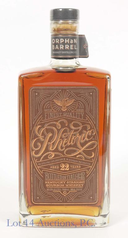 Rhetoric Orphan Barrel 22 Yr. Bourbon Whiskey: *** IF YOU MAY NEED SHIPPING, PLEASE CALL US BEFORE BIDDING ON BOTTLES! 847-625-0555. *** Rhetoric Kentucky straight bourbon whiskey. 22 years. 90.4 proof. 750 ml. Full & sealed.