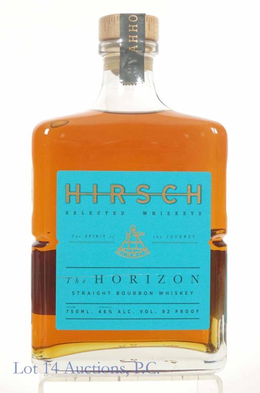 Hirsch The Horizon Bourbon Whiskey: *** IF YOU MAY NEED SHIPPING, PLEASE CALL US BEFORE BIDDING ON BOTTLES! 847-625-0555. *** Hirsch Selected Whiskeys "The Spirit of the Journey" - The Horizon straight bourbon whiskey. 92 proof. 750 ml.