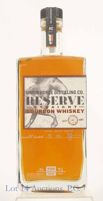Union Horse Reserve Straight Bourbon: *** IF YOU MAY NEED SHIPPING, PLEASE CALL US BEFORE BIDDING ON BOTTLES! 847-625-0555. *** Union Horse Distilling Co. Legacy Series Reserve straight bourbon whiskey. Over 2 years. 92 proof. 750 ml. Ful