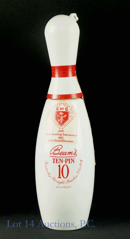 1982 10-Yr. Beam's Ten Pin Bourbon - K.O.C.: *** IF YOU MAY NEED SHIPPING, PLEASE CALL US BEFORE BIDDING ON BOTTLES! 847-625-0555. *** 86.8 proof, 750ml Jim Beam 10 year bowling pin bottle, with Knights of Columbus 69th (1985) State Bowling Tour