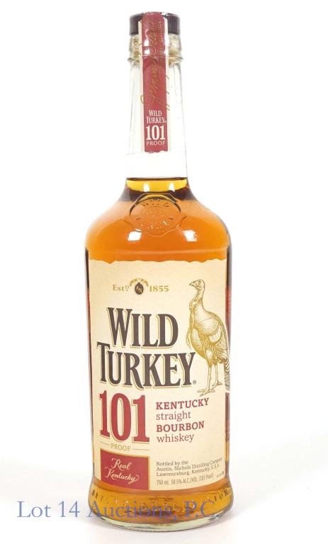 Wild Turkey Bourbon Whiskey (101 Proof): *** IF YOU MAY NEED SHIPPING, PLEASE CALL US BEFORE BIDDING ON BOTTLES! 847-625-0555. *** Wild Turkey Kentucky straight bourbon whiskey. 101 proof. 750 ml. Full & sealed.