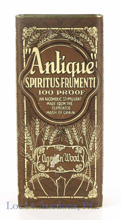 Pre-Pro 1917 Antique Spiritus Frumenti Whiskey Pt.: *** IF YOU MAY NEED SHIPPING, PLEASE CALL US BEFORE BIDDING ON BOTTLES! 847-625-0555. *** 100 proof, 1 pint. "Antique" Spiritus Frumenti. Sealed in tin-top spider web designed carton. Prescription / m