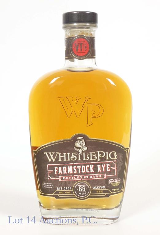 WhistlePig Farmstock Rye Whiskey: *** IF YOU MAY NEED SHIPPING, PLEASE CALL US BEFORE BIDDING ON BOTTLES! 847-625-0555. *** WhistlePig Farmstock - a blend of straight rye whiskeys. 86 proof. 750 ml. Full & sealed. Bottled in Barn. Rye