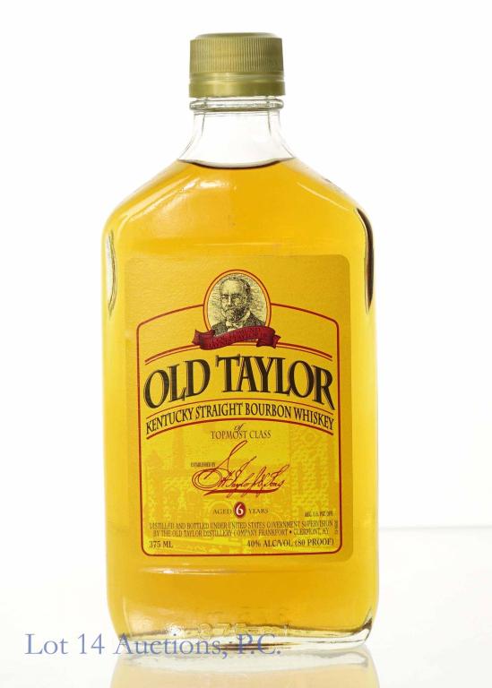 Old Taylor 6 Yr Bourbon Whiskey (375 ml): *** IF YOU MAY NEED SHIPPING, PLEASE CALL US BEFORE BIDDING ON BOTTLES! 847-625-0555. *** Old Taylor Kentucky straight bourbon whiskey. 6 years. 80 proof. 375 ml. Full & sealed.