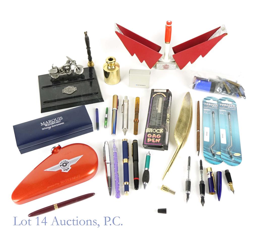 Mixed Lot of Writing Instruments And Other Related: This is a catchall of writing instruments. Looking through the photos you will see a Marquis by Waterman fountain pen that has never been inked and has its original presentation box. There is also an