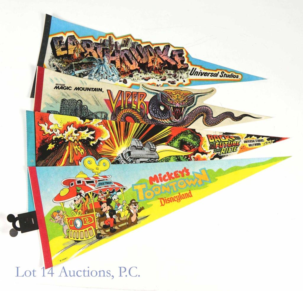Disney & Six Flags Vtg. Pennants (4): VTG 1980s/70s Disney & Six Flags Pennants. Each have 3 small pinholes in each corner. Included: Universal Studios "Earthquake" Ride Pennant, Universal Studios "Back To The Future, The Ride" Pennant, D