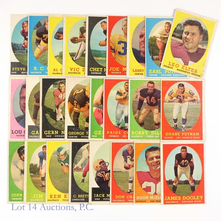 1958 Topps NFL Football Cards (25): 1958 Topps NFL Football Cards (25 Total). Includes a 1958 Topps #8 James Dooley, 1958 Topps #122 Hugh McElhenny, 1958 Topps #54 Don Chandler, 1958 Topps #51 Jack McClairen, 1958 Topps #28 Carl Brettsc
