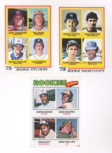 1977 & 1978 Topps Baseball Rookie Cards (3): 1977 & 1978 Topps MLB Baseball Rookie Cards (RC) (3 Total). Includes a 1977 Topps #473 1977 Rookie Outfielders (Andrew Dawson, Gene Richards, John Scott & Denny Walling), 1978 Topps #707 1978 Rookie S