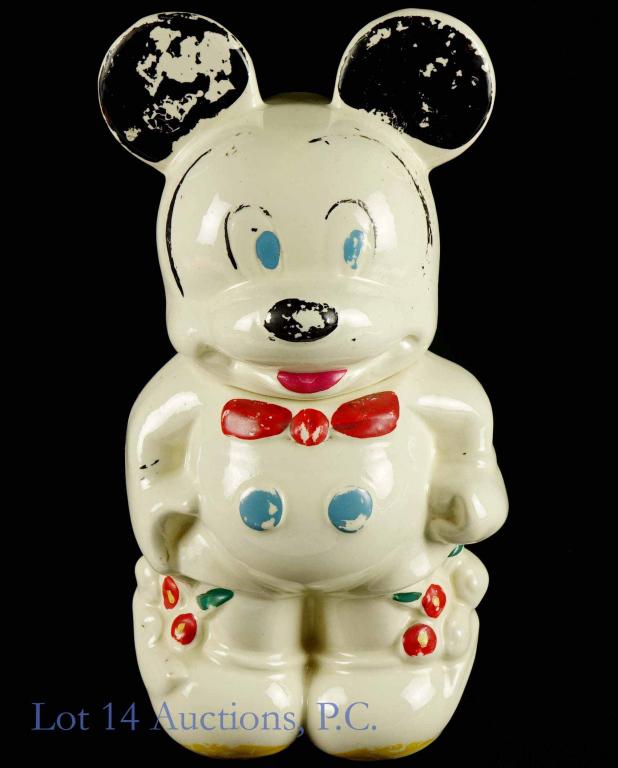 Mickey / Minnie Mouse Turnabout Cookie Jar (1940s): 1940s vintage Walt Disney Mickey & Minnie Mouse turnabout cookie jar. Some fading paint, but no apparent chips or cracks.
