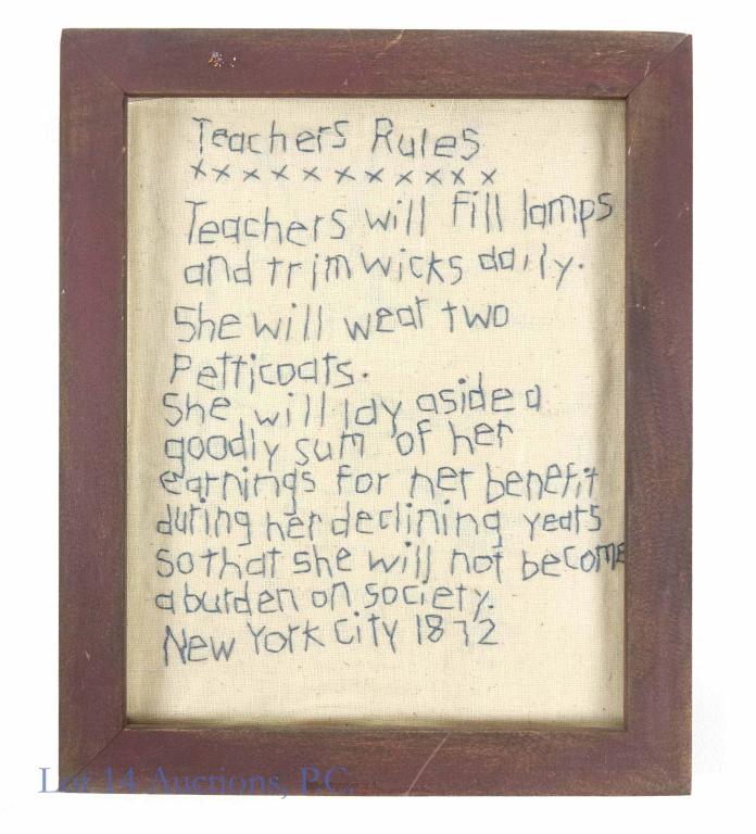 1872 Teacher Rules Needlepoint Sampler: 1872 needlepoint sampler for a New York City teacher. Approximately 8 x 10" in a wooden frame which is in rougher condition (which we are happy not to ship, on request from the winner). Reads: Teacher