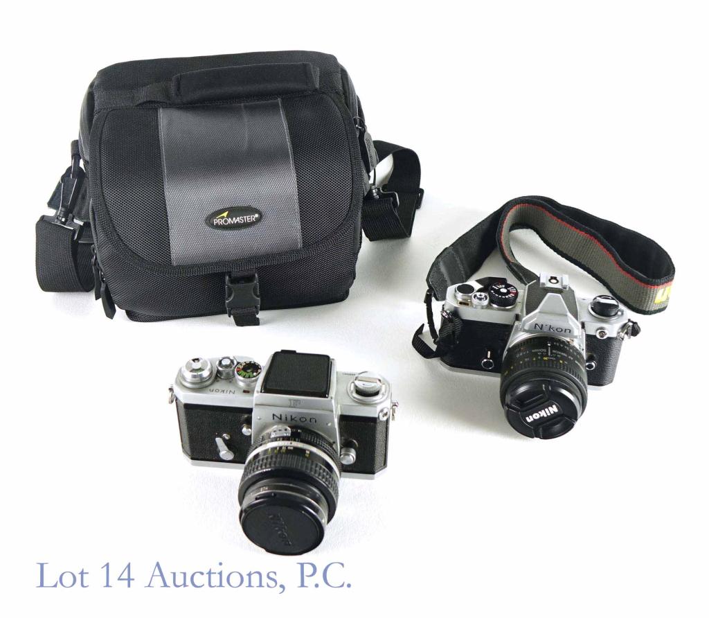 Nikon F & FM 35mm Film Cameras (2): VTG Nikon (FM 2232592) Film Camera with 50mm Lens, Untested*. VTG Nikon (F) Film Camera with 25mm Lens, Untested*. Comes with Neck strap. Comes in Promaster carrying case.