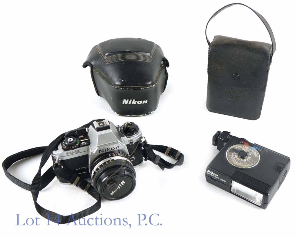 Nikon FG-20 Camera (Lens & Speedlight): Nikon FG-20 camera (35 mm film). Includes 50 mm 1:1.8 Nikon series E lens, Also includes Nikon Speedlight SB-15 flash unit with clean battery compartment and Nikon carrying case.
