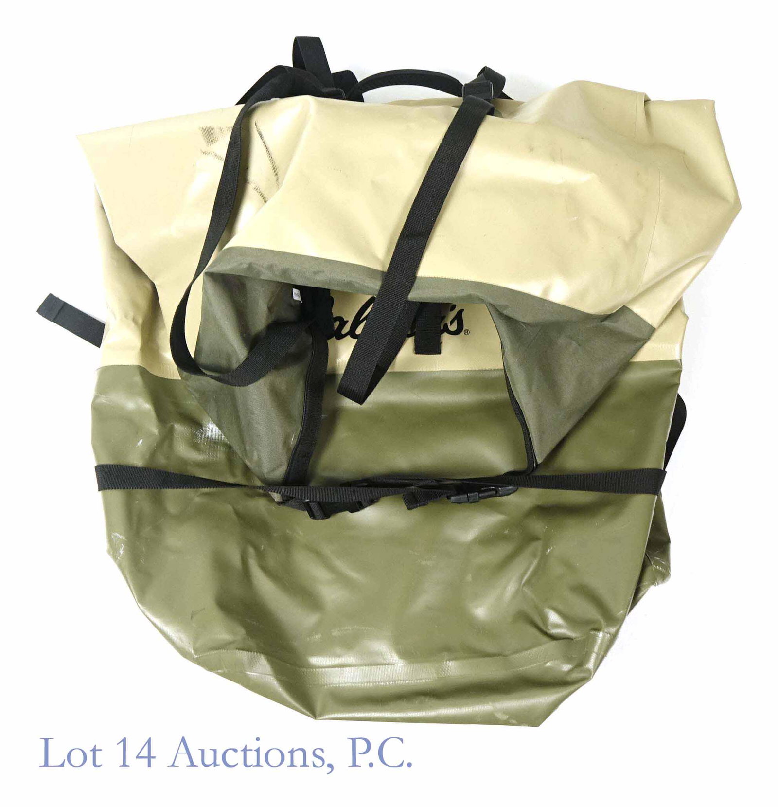 Cabela's Large Traveling Backpack/Duffel Bag: Cabela's Waterproof Large Backpack/Duffel Bag for outdoors & traveling. The bag has some paint and scratches near the logo by the bottom of the bag. Measures to 25" Wide and 44.5" long.