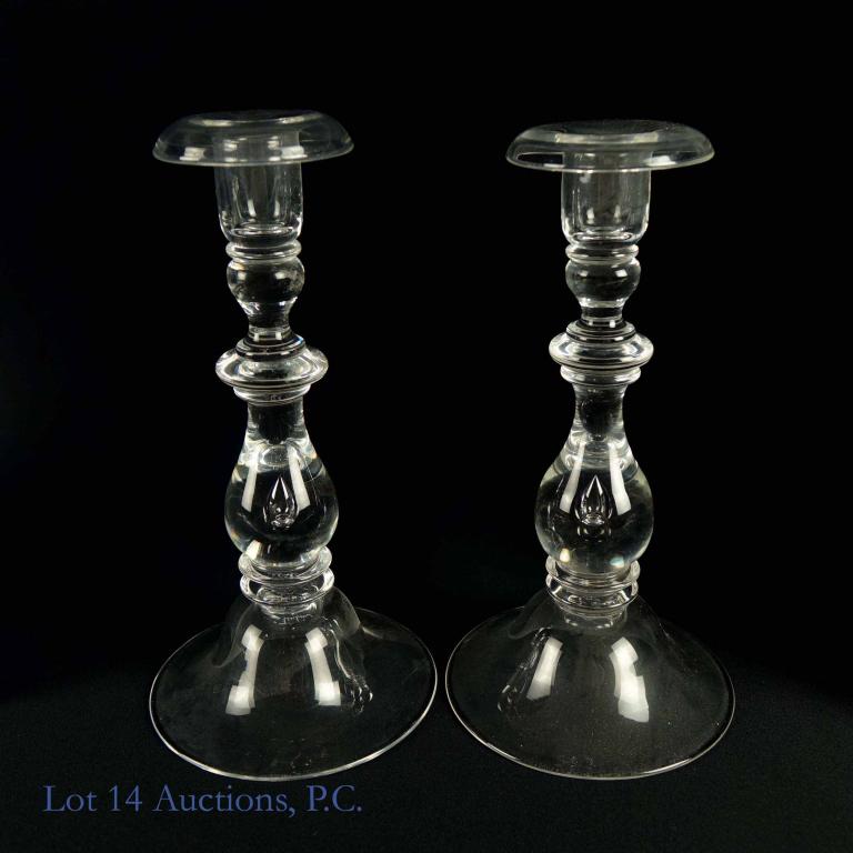 Steuben Baluster Tear Drop Crystal Candle Sticks: Pair of crystal candle sticks, signed 'Steuben'. 9" tall, 4.5" base, 2.5" top diameter. Some very small, light scratches on base.