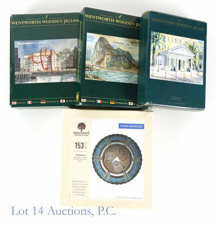 Wentworth Wooden Jigsaw Puzzles (4): (4) Wentworth wooden jigsaw puzzles, made in Great Britain: Triskellion (153 pcs - labeled extra-difficult, still sealed) ** Shakespeare's Globe (75 pcs) ** The Convent Garden Guardhouse, Gibraltar (7