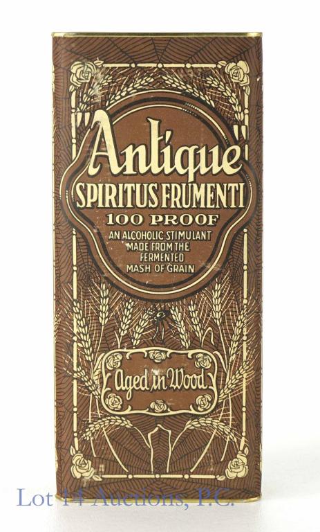 Pre-Pro 1917 Antique Spiritus Frumenti Whiskey Pt.: *** IF YOU MAY NEED SHIPPING, PLEASE CALL US BEFORE BIDDING ON BOTTLES! 847-625-0555. *** 100 proof, 1 pint. "Antique" Spiritus Frumenti. Sealed in tin-top spider web designed carton. Prescription / m