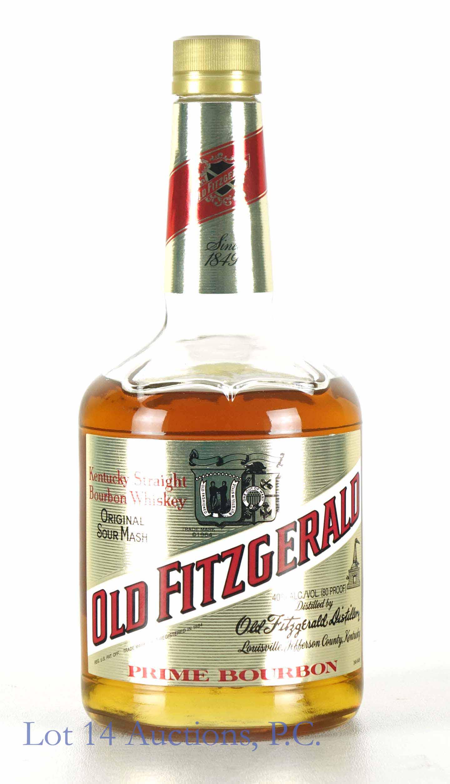 Old Fitzgerald Bourbon Squat Bottle: **IF YOU NEED SHIPPING ON BOTTLES OR DECANTERS PLEASE CALL US BEFORE BIDDING! 847-625-0555!** 750 ml. 80 proof. Full & sealed.